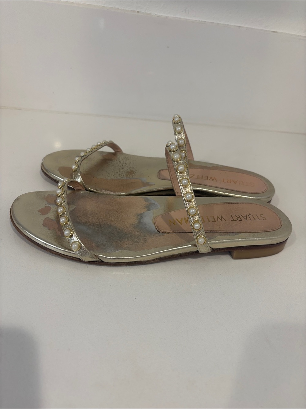Stuart Weitzman Metallic Gold Pearl-Embellished Slide Sandal Size 8.5 - Picture 6 of 12